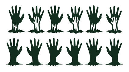Zombie hand silhouettes rising from the ground creepy vector illustration for Halloween designs isolated on white background