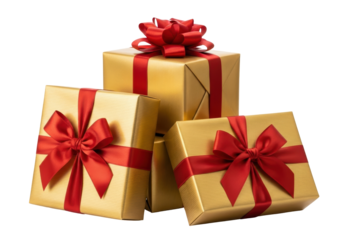 Stack of three gold gift boxes with red ribbons PNG isolated on transparent background, presents for Christmas and birthday celebrations