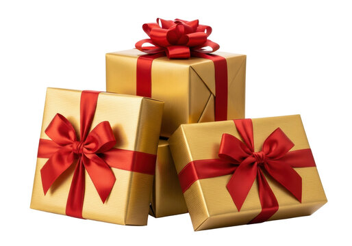 Stack of three gold gift boxes with red ribbons PNG isolated on transparent background, presents for Christmas and birthday celebrations