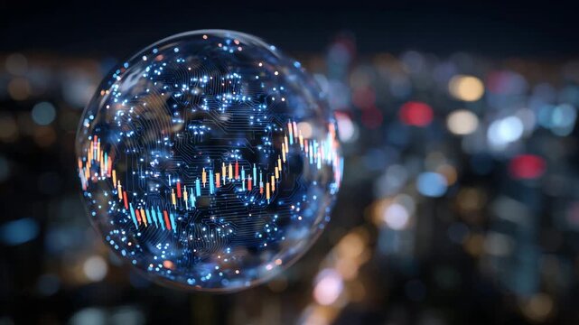 3D rendering of a bubble filled with luminous circuit patterns and financial graphs, representing instability in the booming technology stock market