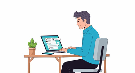 Man working on laptop at desk with cactus and smartphone.