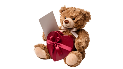 Adorable fluffy brown teddy bear holding a red heart shaped gift box and a blank card isolated on transparent background