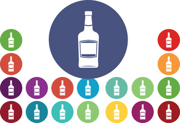 Alcohol Bottle Flat Icon Set Vector: Collection of Colorful Circular Buttons Featuring a White Silhouette of a Whiskey or Liquor Bottle, Ideal for UI/UX Design and Infographics