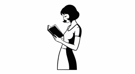 Woman engrossed in reading a book, side profile illustration.