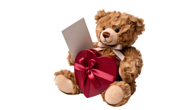 Adorable fluffy brown teddy bear holding a red heart shaped gift box and a blank card isolated on transparent background