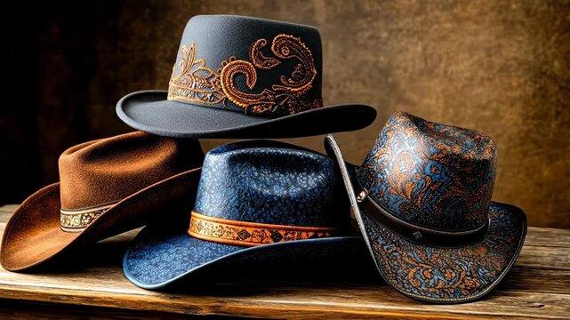 Assortment of stylish cowboy hats with embroidered details on wooden table
