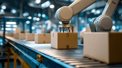 Robotic arm efficiently handling packages on conveyor belt in modern warehouse during daytime operations Generative AI