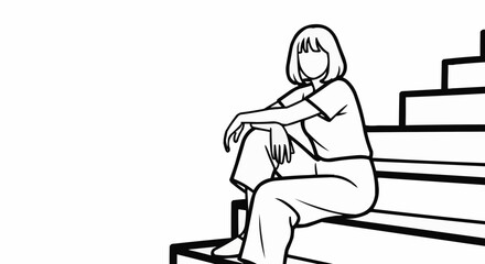 Woman Sitting on Stairs in Simple Line Art Style.