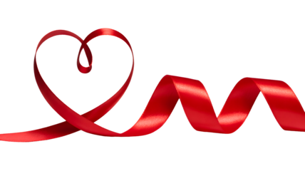 A flowing red satin ribbon elegantly shaped into a heart symbol on a plain background isolated on transparent background