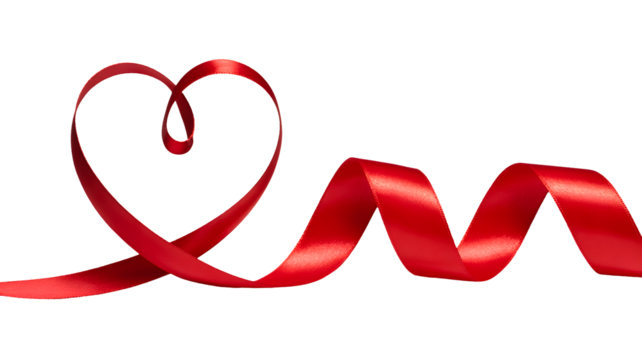 A flowing red satin ribbon elegantly shaped into a heart symbol on a plain background isolated on transparent background