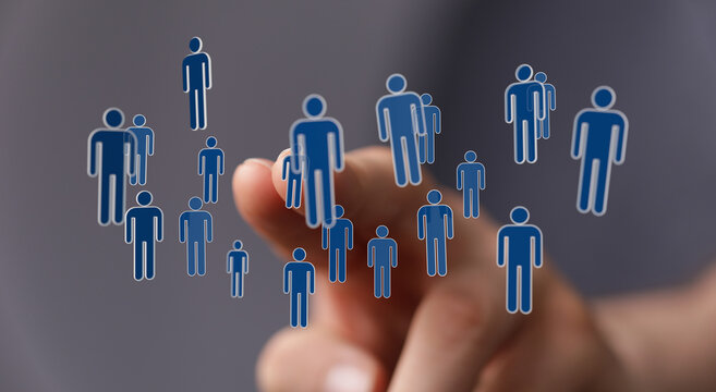 Abstract design with human icons representing a concept of people connecting on a digital platform or network.