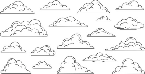 Large collection of various black outline doodle clouds in different shapes and sizes, suitable for weather graphics, sky backgrounds, nature designs, and minimal abstract elements