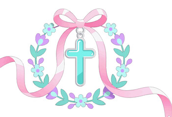 Floral green cross pendant with pink ribbon