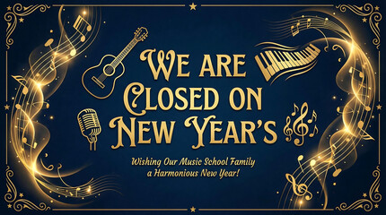 Music school closed for New Year's with musical notes, music school closed, new years, closed sign, holiday closure, announcement, music notes, guitar, microphone, piano keyboard, golden, navy blue, d