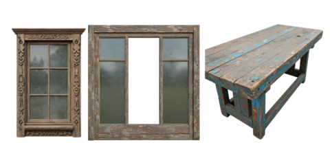 Vintage wooden window frame and antique workbench against a black background