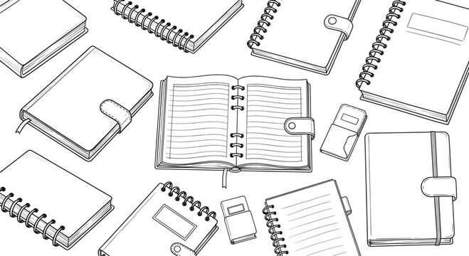 Hand-drawn line art collection of various open and closed notebooks, planners, and diaries, perfect for themes related to school, business, study, work organization, and personal journaling concepts.