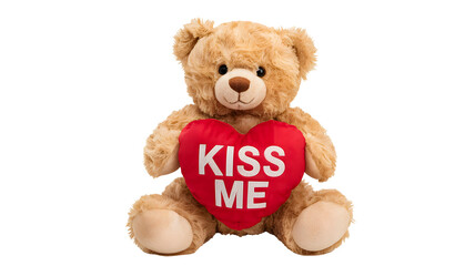 Obraz premium Adorable fluffy light brown teddy bear holding a red heart with the words kiss me written in white letters isolated on transparent background