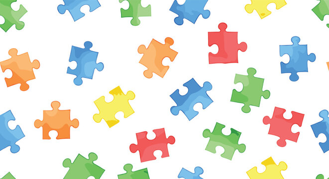 Seamless, colorful pattern featuring scattered, randomly placed jigsaw puzzle pieces, ideal for themes of problem-solving, education, connection, teamwork, childhood games, or autism awareness backgro