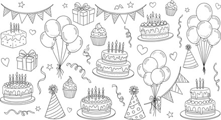 Extensive hand-drawn doodle collection of birthday party elements, including cakes, balloons, gifts, streamers, and party hats, ideal for invitations, celebration graphics, and black and white colorin
