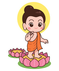 Cute Baby Buddha Standing on Lotus Cartoon Illustration