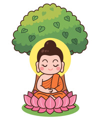 Cute Buddha Meditating Under Bodhi Tree on Lotus Cartoon Illustration