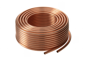 Rolled copper pipe coil with two open ends isolated on a transparent background