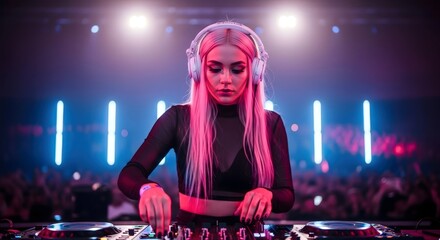 Female dj performing live music at a concert with pink hair and headphones at a music festival