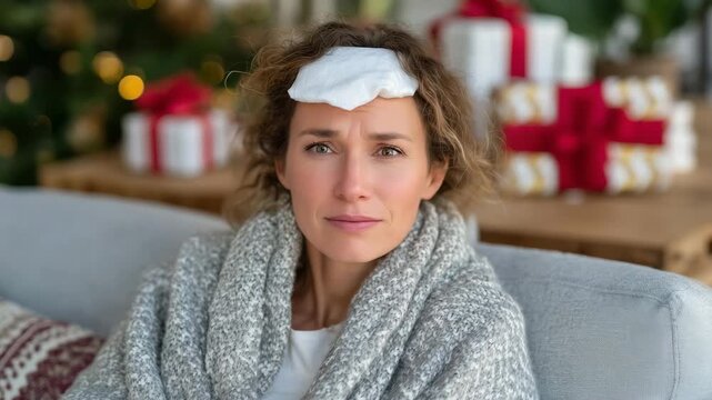 6Woman reclining on sofa, ice pack on forehead, stressed expression, festive decorations and wrapped presents behind, natural sunlight enhancing cozy but tense holiday atmosphere