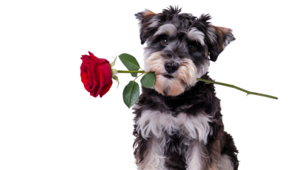 Adorable miniature schnauzer puppy holding a single red rose in its mouth isolated on transparent background