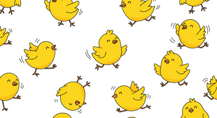 Seamless, hand-drawn doodle pattern of happy, dancing yellow baby chicks with blue outlines, perfect for fun children's backgrounds, Easter holidays, spring themes, and textile print designs © Rubya