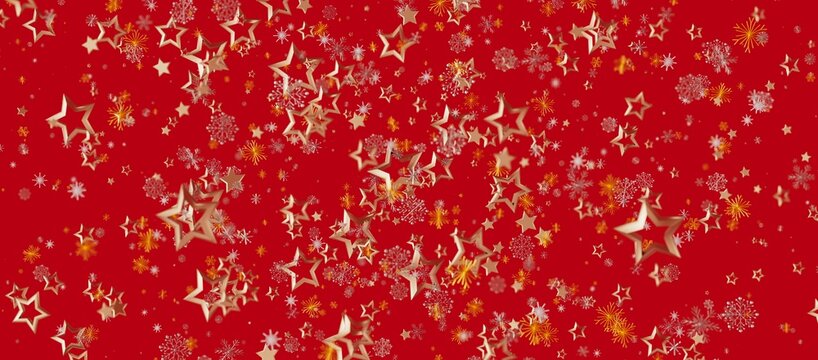 Elegant and cheerful holiday background with shimmering gold stars and snowflakes falling on a vibrant red backdrop. Perfect for Chri - Powered by Adobe