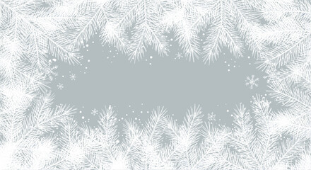 Winter frame with snowflakes and fir branches on a gray background.