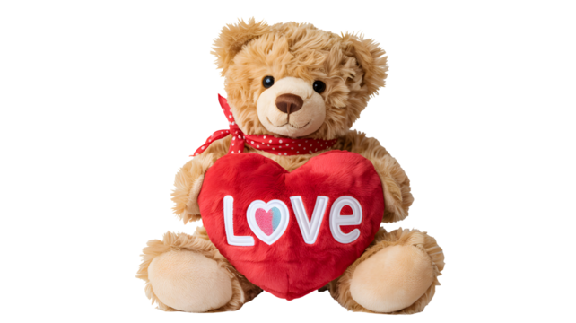 Adorable fluffy brown teddy bear holding a red plush heart with the word love written on it isolated on transparent background