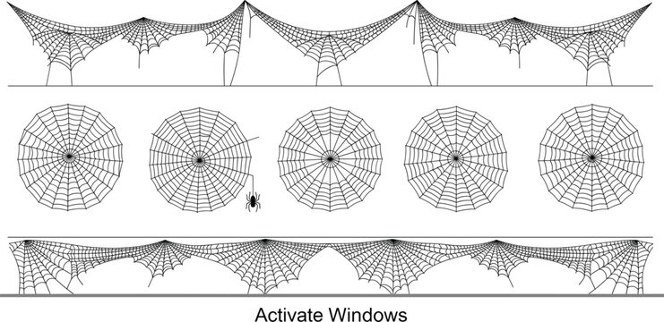 Collection of spooky black spider web elements, including hanging borders and circular cobwebs with a small spider, perfect for Halloween party invitations, gothic design, and fear or horror themes.
