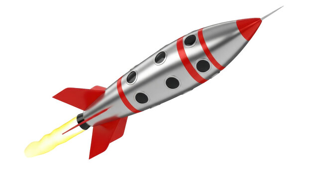 Retro silver rocket ship with red accents PNG isolated on transparent background, vintage space travel concept for graphic design