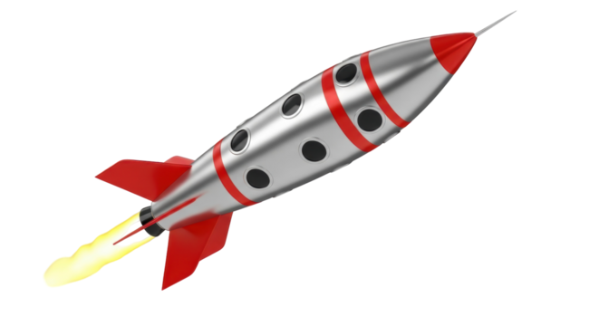 Retro silver rocket ship with red accents PNG isolated on transparent background, vintage space travel concept for graphic design