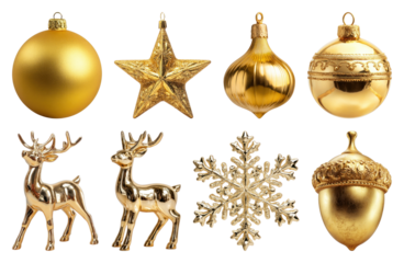 PNG Golden festive Christmas ornaments collection, element set on transparent background
