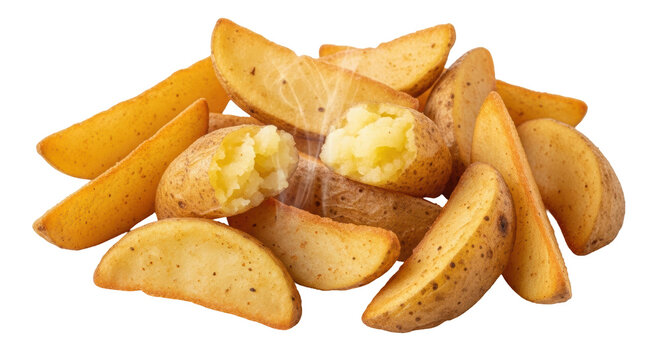 Golden potato wedges isolated PNG, baked potato pieces with skin on transparent background, delicious snack for fast food restaurants