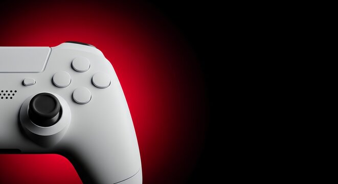 White gaming controller partially visible on the left against a stark red and black background. 