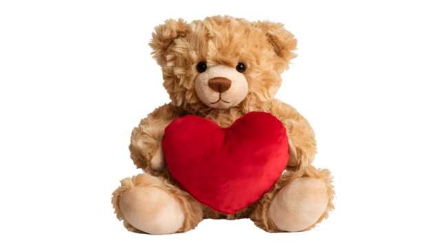 Adorable fluffy brown teddy bear holding a large red heart isolated on transparent background