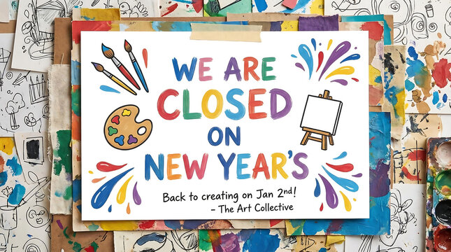 Art studio closed sign for New Years holiday image, art, studio, closed, sign, new years, holiday, easel, paintbrush, palette, paint, colorful, announcement, temporary closure, january, return date, c