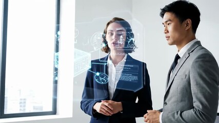 Diverse business professionals collaborating using futuristic holographic technology. - Powered by Adobe