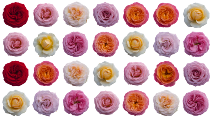 Collection of small delicate rosebuds in various pastel colors arranged in rows isolated on transparent background