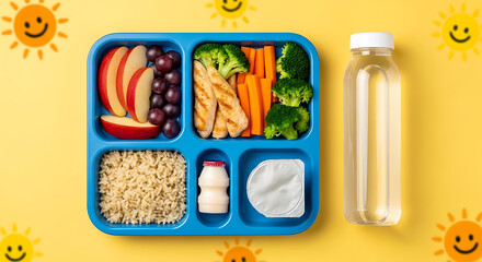 Healthy and delicious packed lunch for kids, featuring grilled chicken, fresh vegetables, fruit, and yogurt, perfect for school or outings