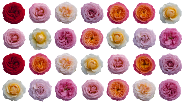 Collection of small delicate rosebuds in various pastel colors arranged in rows isolated on transparent background