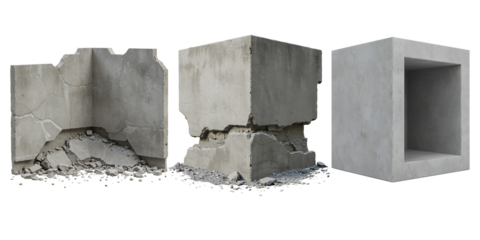 Three concrete blocks showing different stages of decay and construction