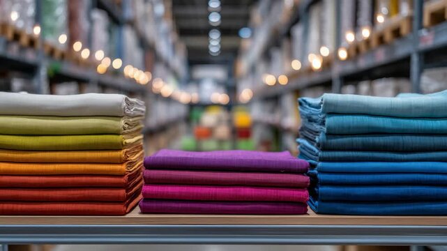 19Close-up of neatly folded fabrics in various jewel tones, placed on clean metal shelving, soft warehouse light highlighting fabric textures and gradients