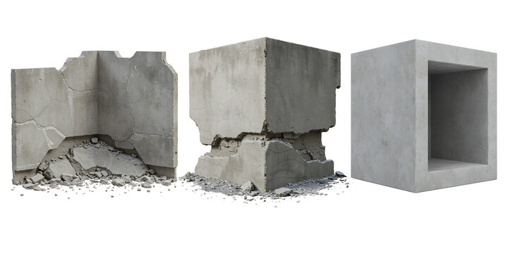 Three concrete blocks showing different stages of decay and construction