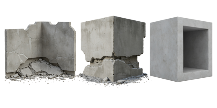 Three concrete blocks showing different stages of decay and construction