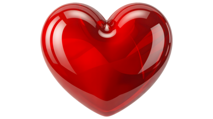 Glossy red heart shape object with reflections isolated on transparent background for valentine s day or love concepts